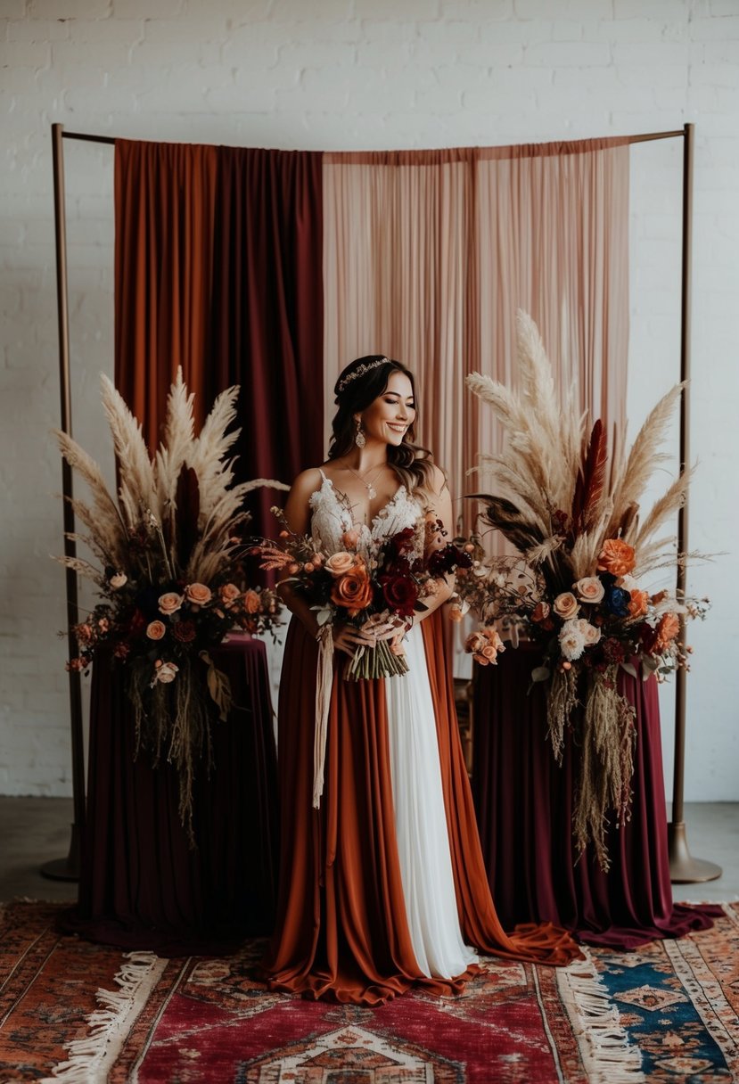 A bohemian-inspired wedding scene with rich rust and burgundy color palette, featuring flowing fabrics, vintage rugs, and eclectic floral arrangements