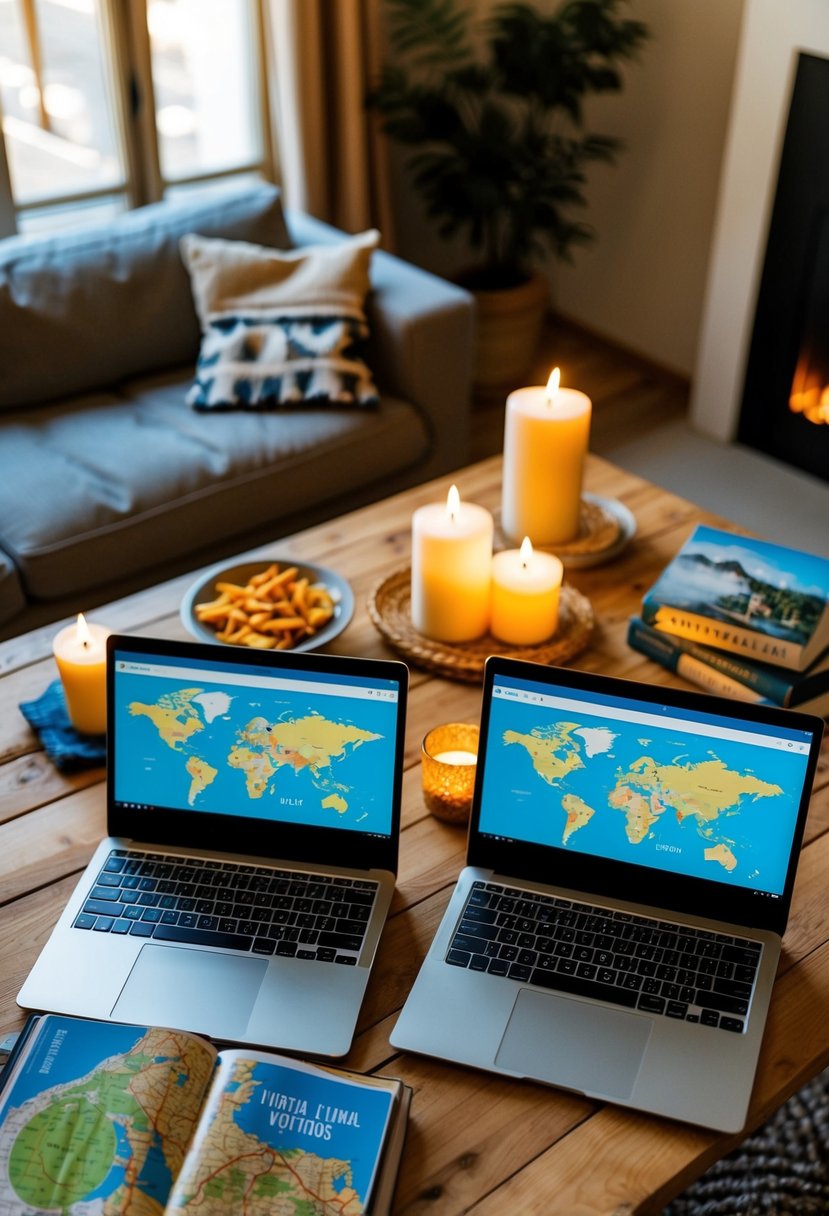 A cozy living room with two laptops open, showing virtual vacation destinations. A map, travel books, and a candlelit table with snacks set the mood