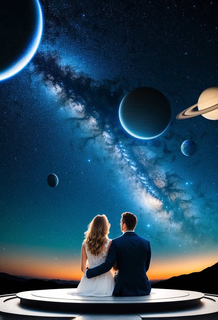 A couple sits on a virtual platform, surrounded by a starry night sky and distant planets, gazing up in wonder