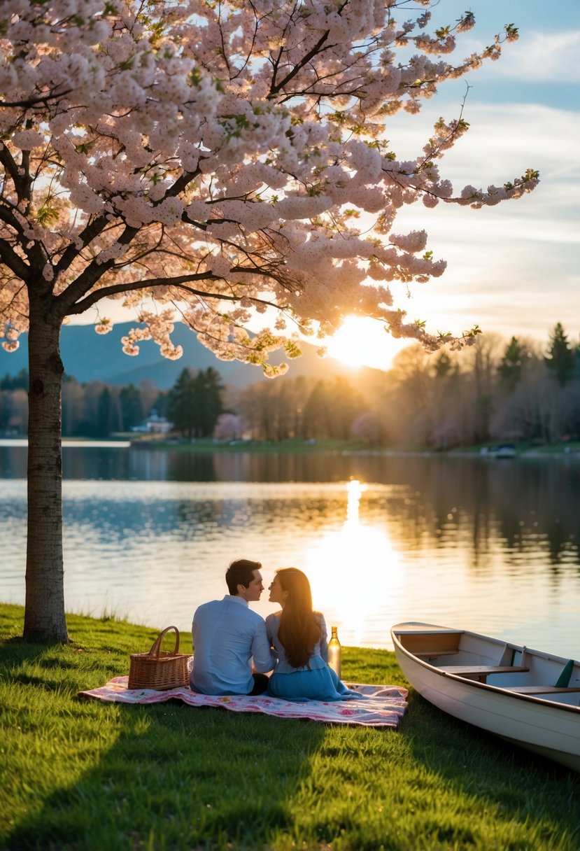 A couple picnicking under a blooming cherry blossom tree by a tranquil lake, with a rowboat nearby and a picturesque sunset in the background