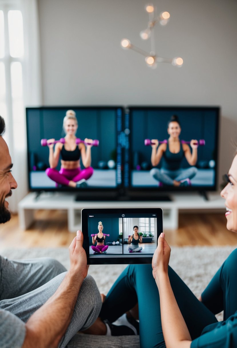 A couple participating in an online fitness class together, following along with the instructor on their screens in their living room