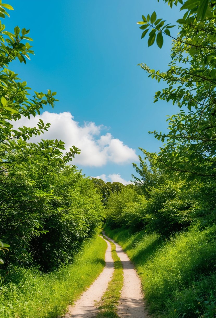 A winding trail through lush greenery, with a clear blue sky overhead and a gentle breeze rustling the leaves