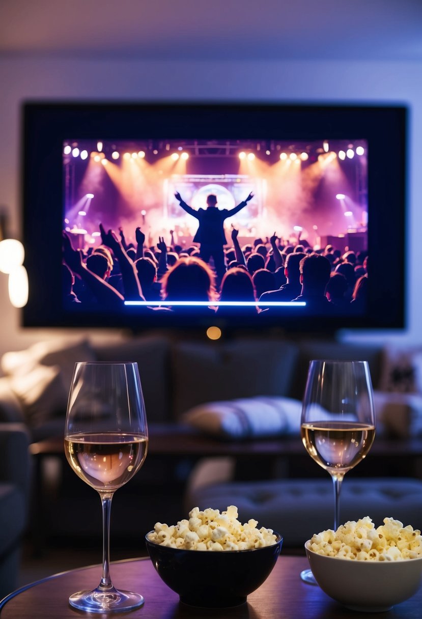 A cozy living room with a large screen displaying a virtual concert. Two glasses of wine and a bowl of popcorn sit on the coffee table