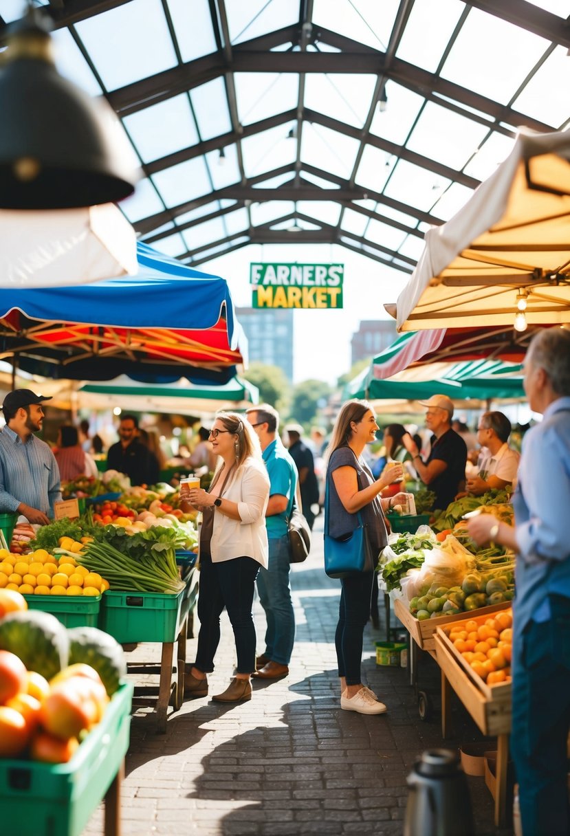 A bustling farmers' market with colorful stalls, fresh produce, and lively conversations. Sunlight streams through the canopy, casting dappled shadows on the ground