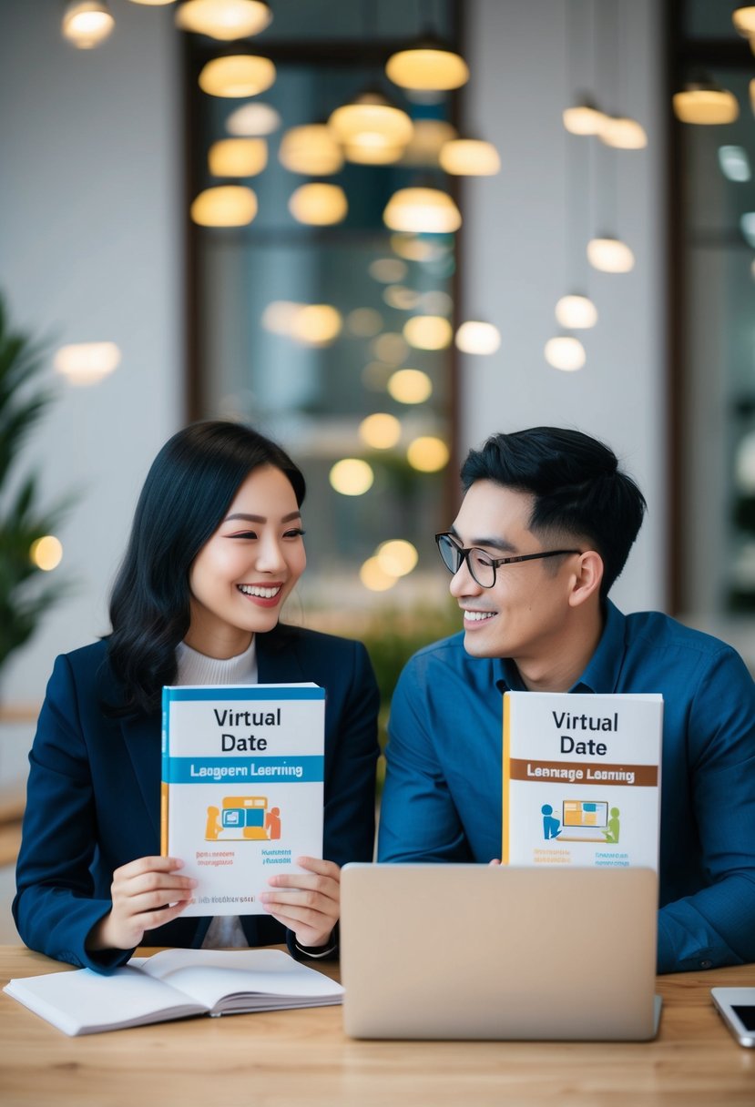 A couple sits at a virtual date, each with a language learning book and a laptop. They smile and engage in conversation while learning together