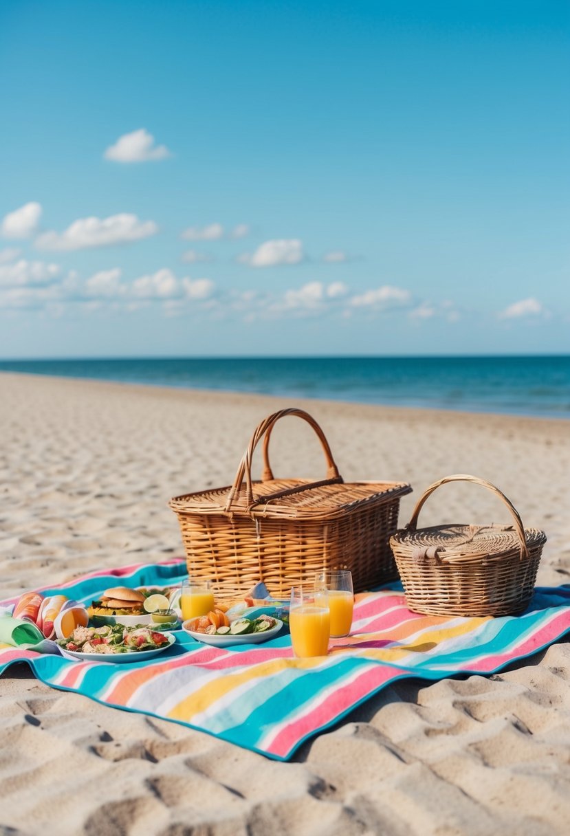 A sandy beach with a colorful picnic blanket, a wicker basket, and a spread of food and drinks under a bright blue sky with a gentle breeze