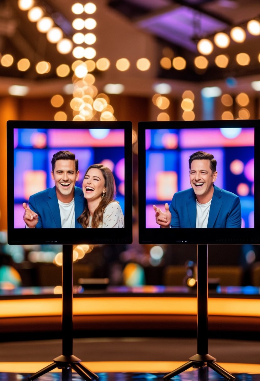 A virtual comedy show with two screens displaying a couple laughing and enjoying the performance