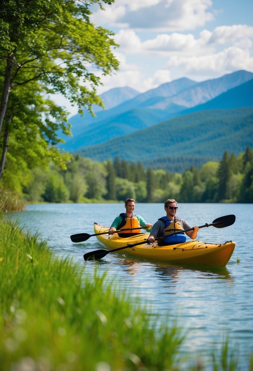 A couple kayaking on a serene lake surrounded by lush green trees and mountains in the distance