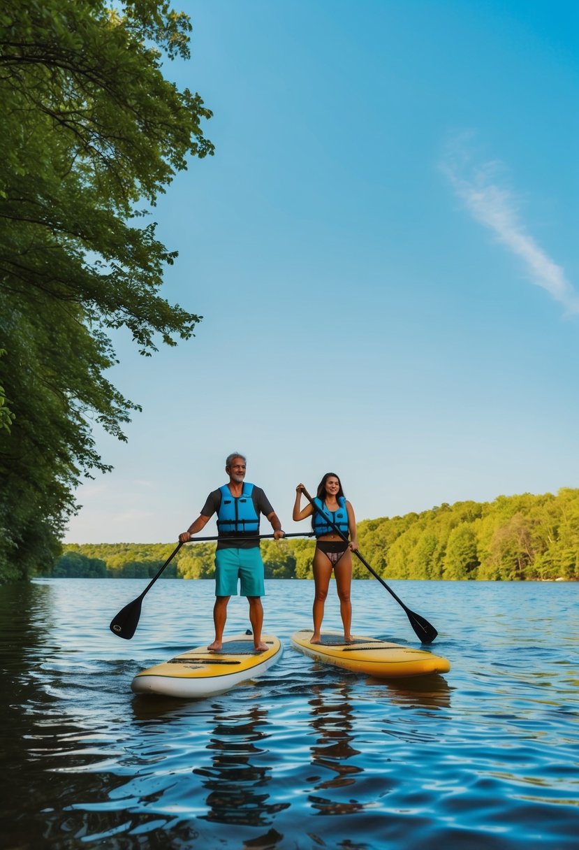 A couple paddleboarding on a calm lake, surrounded by lush green trees and a clear blue sky