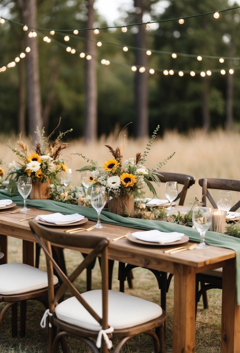 A rustic outdoor wedding with earth tone decor, featuring a natural color palette of browns, greens, and creams. Tables adorned with wooden accents and wildflower centerpieces