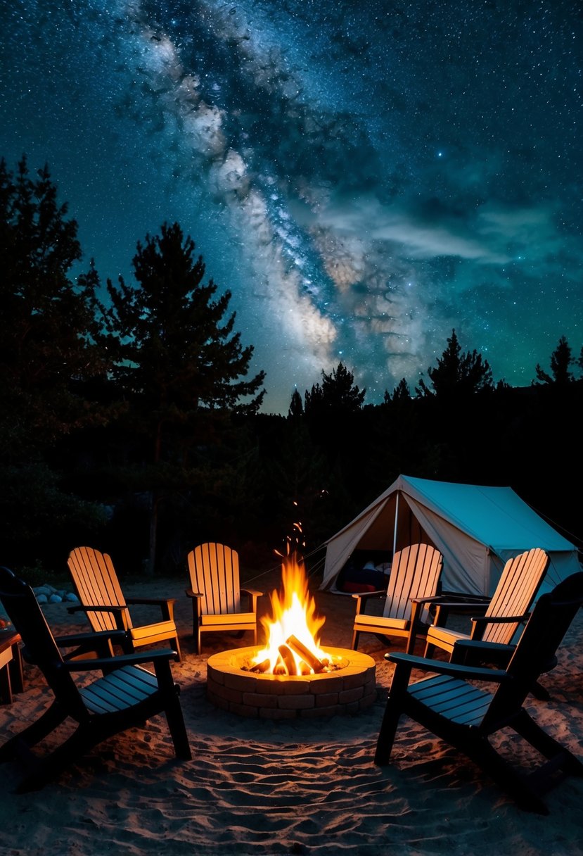 A cozy campfire surrounded by a circle of chairs, with a tent in the background under a starry night sky