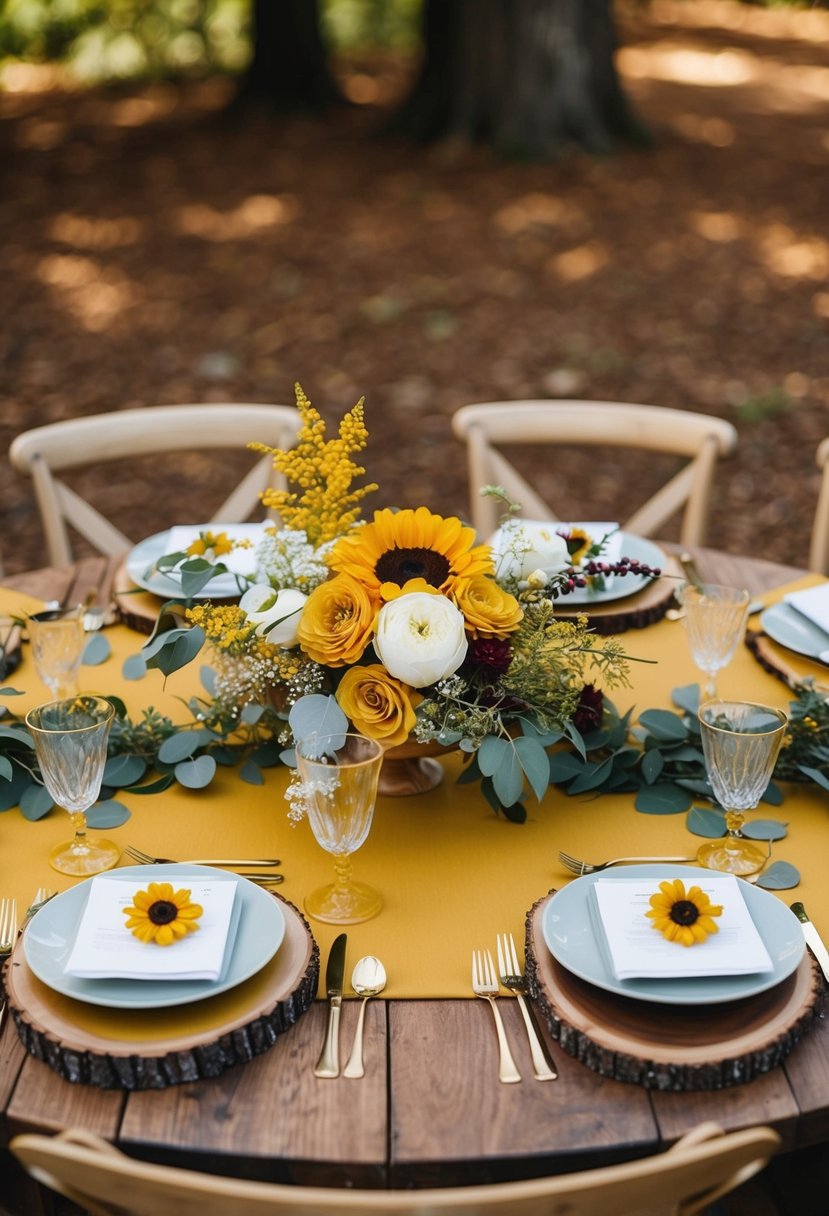 A mustard yellow and cedar wood themed wedding table setting with flowers and decor