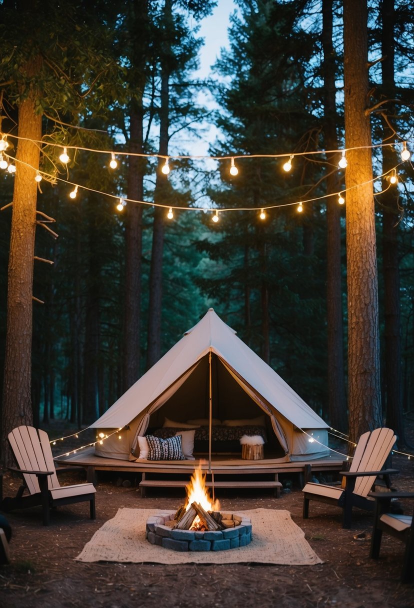 A cozy glamping tent nestled in a forest clearing, surrounded by twinkling string lights and a crackling campfire