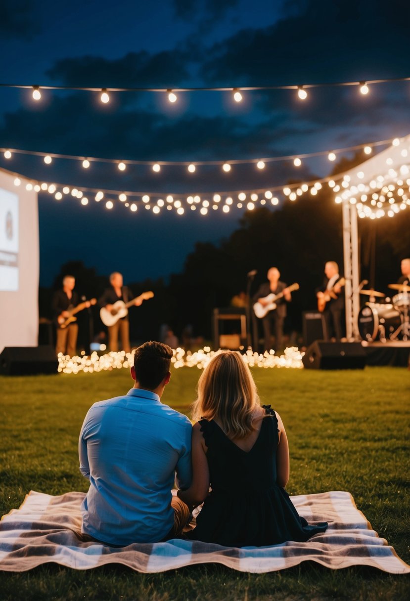 A couple sits on a picnic blanket surrounded by twinkling lights and a stage where a band plays under the night sky