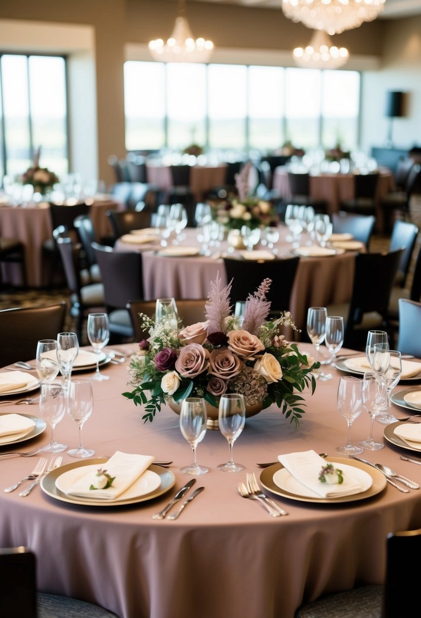 A wedding banquet table adorned with mauve and mocha earth tone floral centerpieces and matching table linens