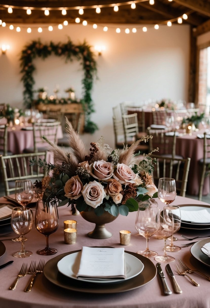 A dusty rose and brown color palette decorates a rustic wedding venue with earthy florals and elegant table settings