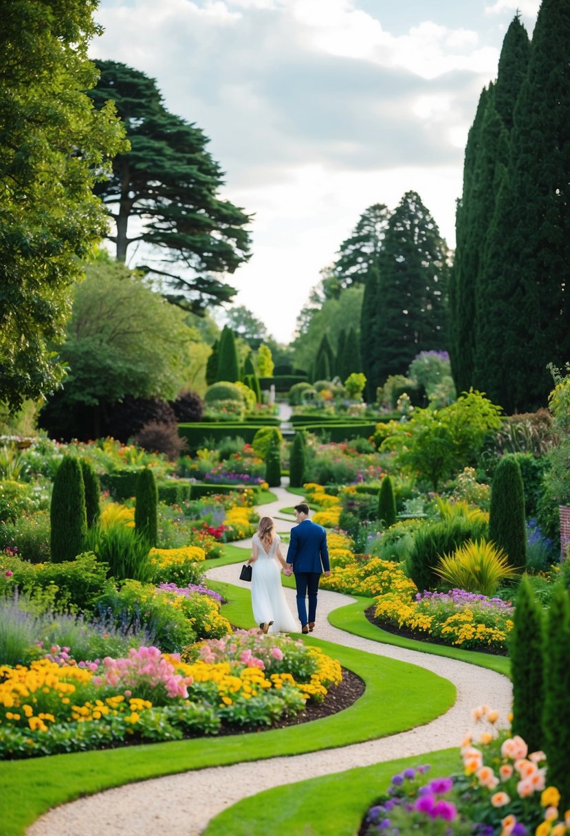 Lush garden with winding paths, colorful flowers, and towering trees. A couple strolls hand in hand, surrounded by the beauty of nature