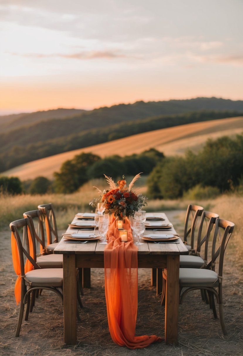 A rustic outdoor wedding with orange red and warm taupe decor, set against a backdrop of rolling hills and a golden sunset