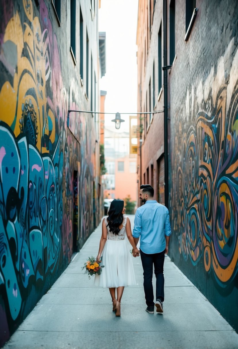 Colorful murals cover the walls of a city alley, with vibrant graffiti and intricate designs. A couple walks hand in hand, admiring the urban artwork