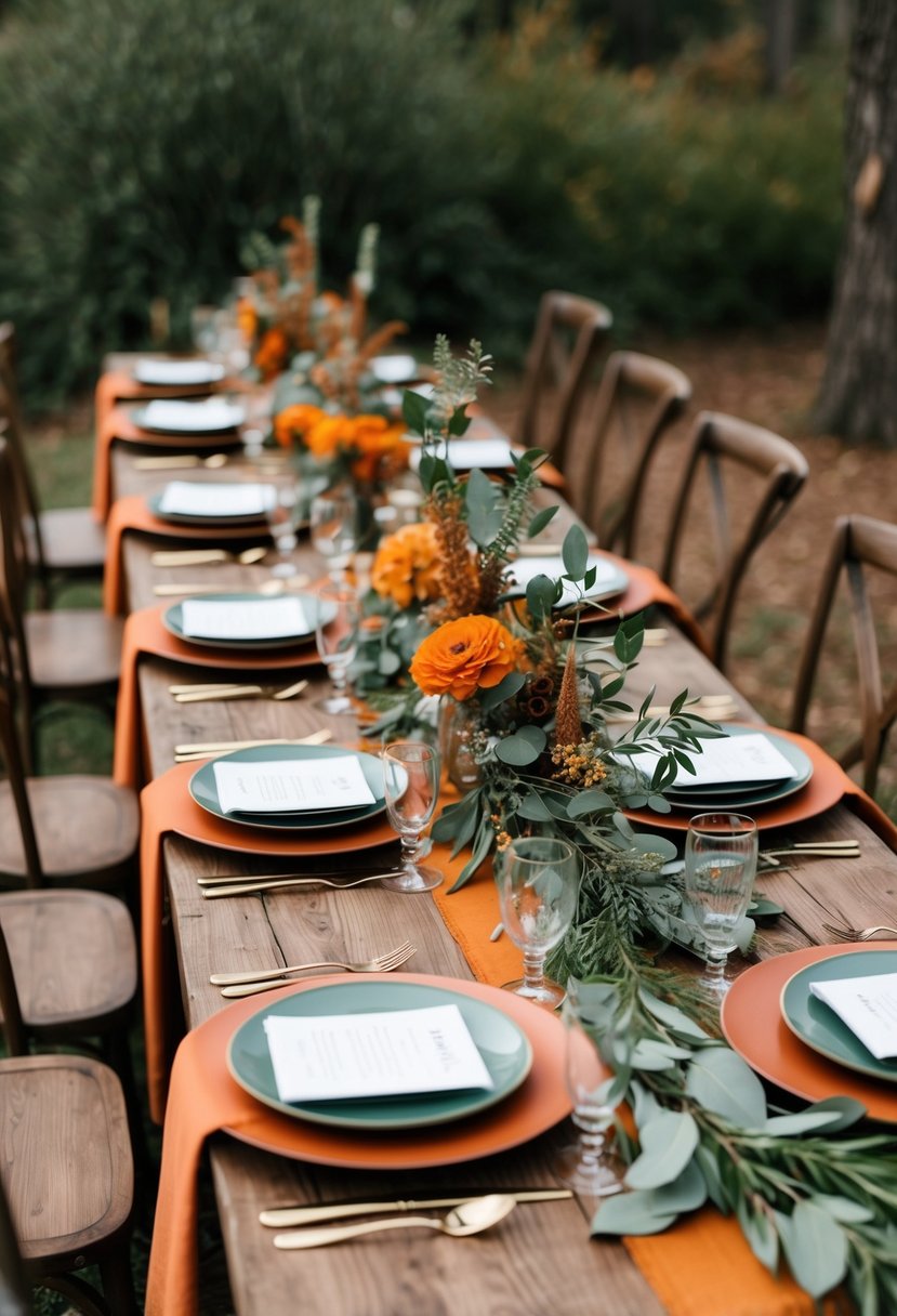 A rustic wedding table set with burnt orange and sage green decor, surrounded by natural elements like wood and foliage