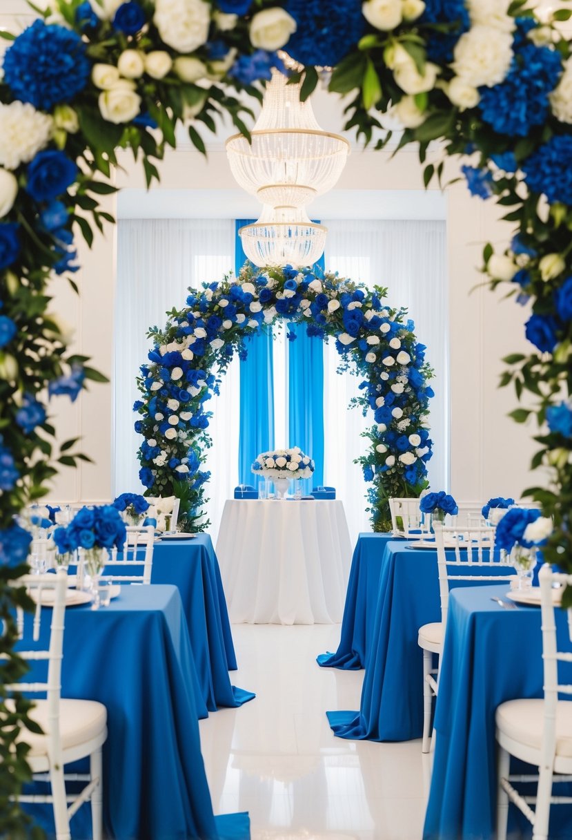 A vibrant blue floral archway frames a white wedding aisle. Tables are adorned with blue linens and elegant centerpieces