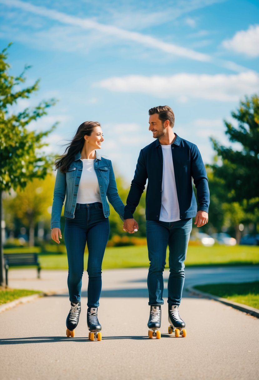 A couple skates together in a local park, surrounded by greenery and a clear blue sky