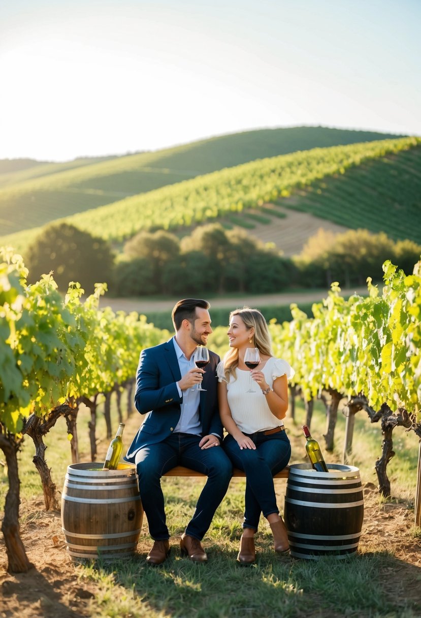 A couple sits at a vineyard, surrounded by rolling hills and grapevines, sipping wine and enjoying a tasting tour under the warm sun