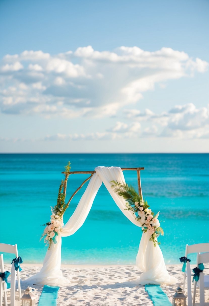 A serene beach wedding with teal and ocean blue accents: white sand, clear turquoise water, and a cloudless sky