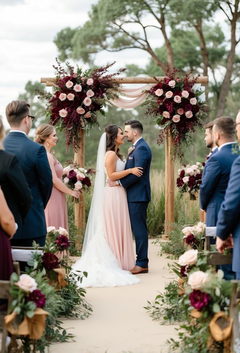 A romantic outdoor wedding ceremony with burgundy and blush pink floral arrangements, surrounded by earthy tones of greenery and wooden accents