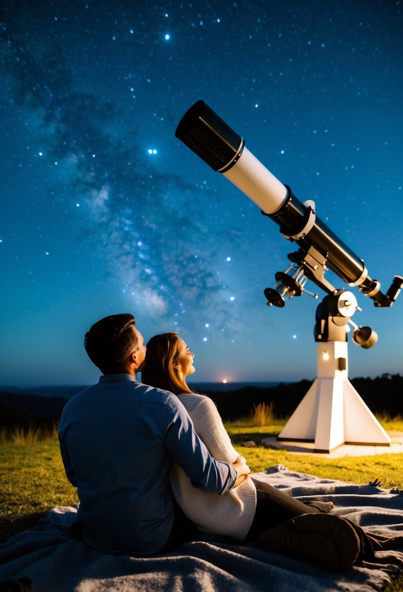 A couple sits on a blanket, gazing up at the stars through a telescope at a local observatory. The night sky is clear and filled with twinkling stars