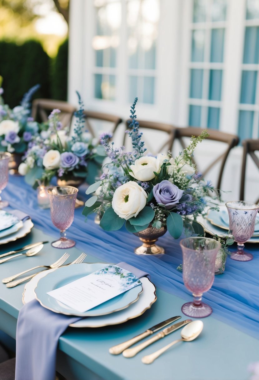 A dreamy wedding table set with dusty blue and lavender decor, accented with whimsical floral arrangements and delicate details