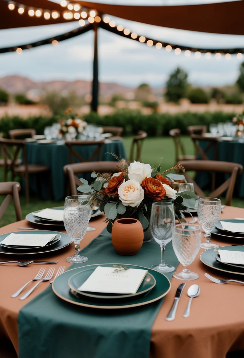 A wedding table set with dark sage green and terracotta earth tone decor