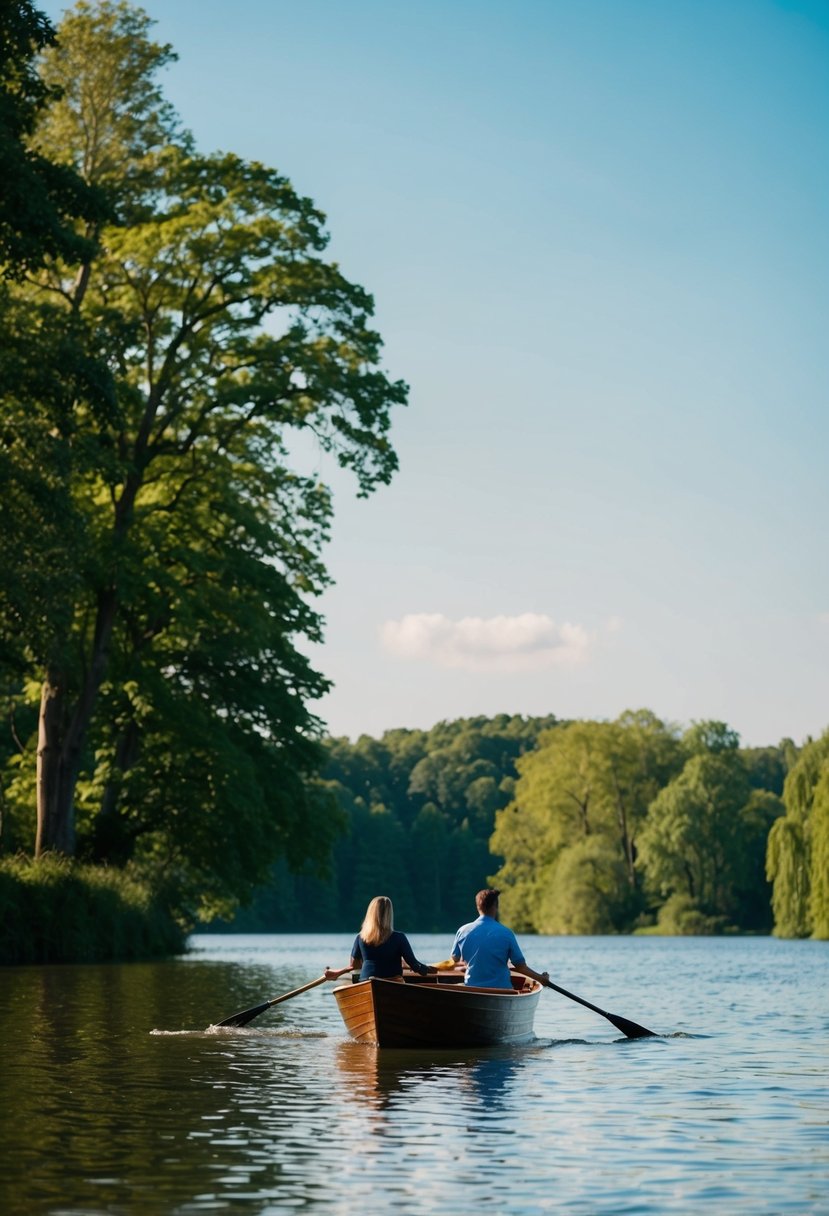 A couple rows a small boat on a calm lake surrounded by lush green trees and a clear blue sky