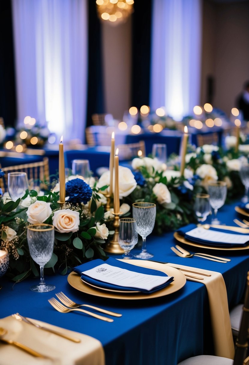 A midnight blue and gold enchanted wedding table set with rich blue linens, golden cutlery, and elegant floral centerpieces