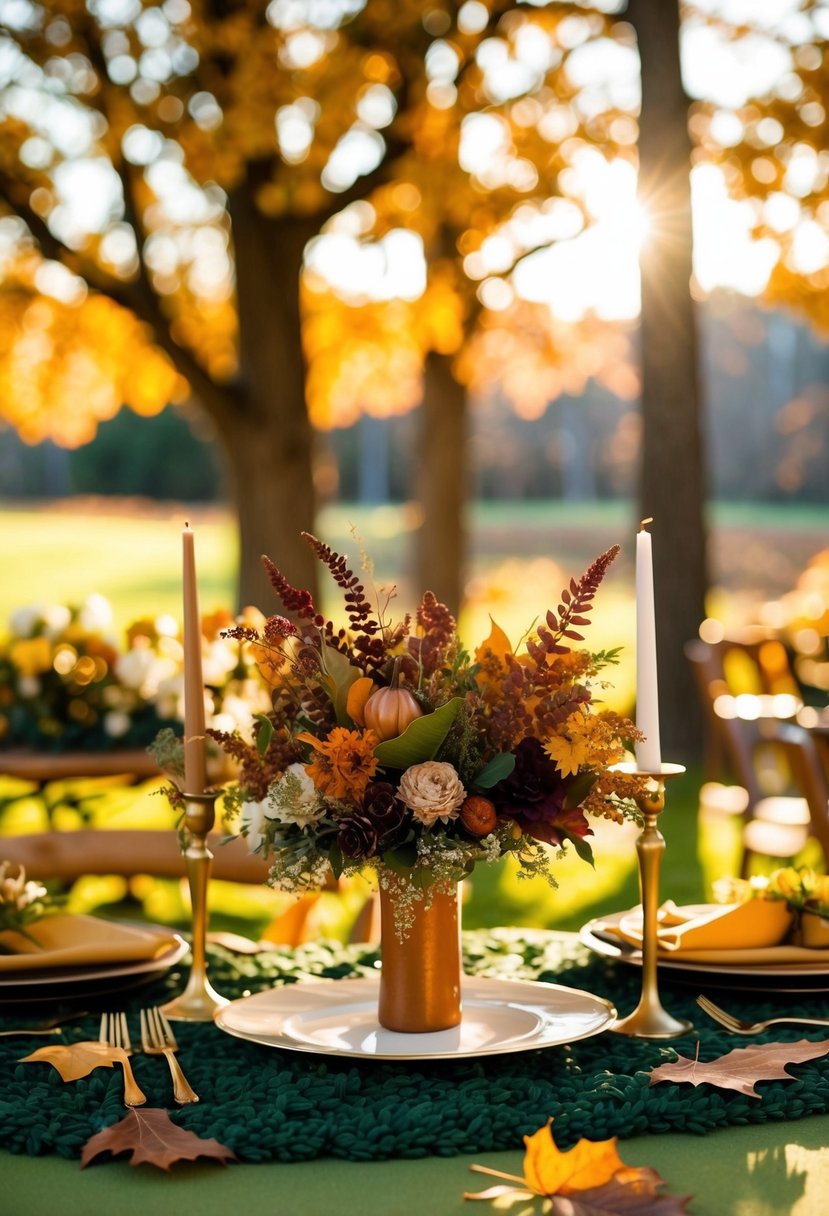 A cozy outdoor wedding with earth tone decor, surrounded by autumn leaves and warm sunlight