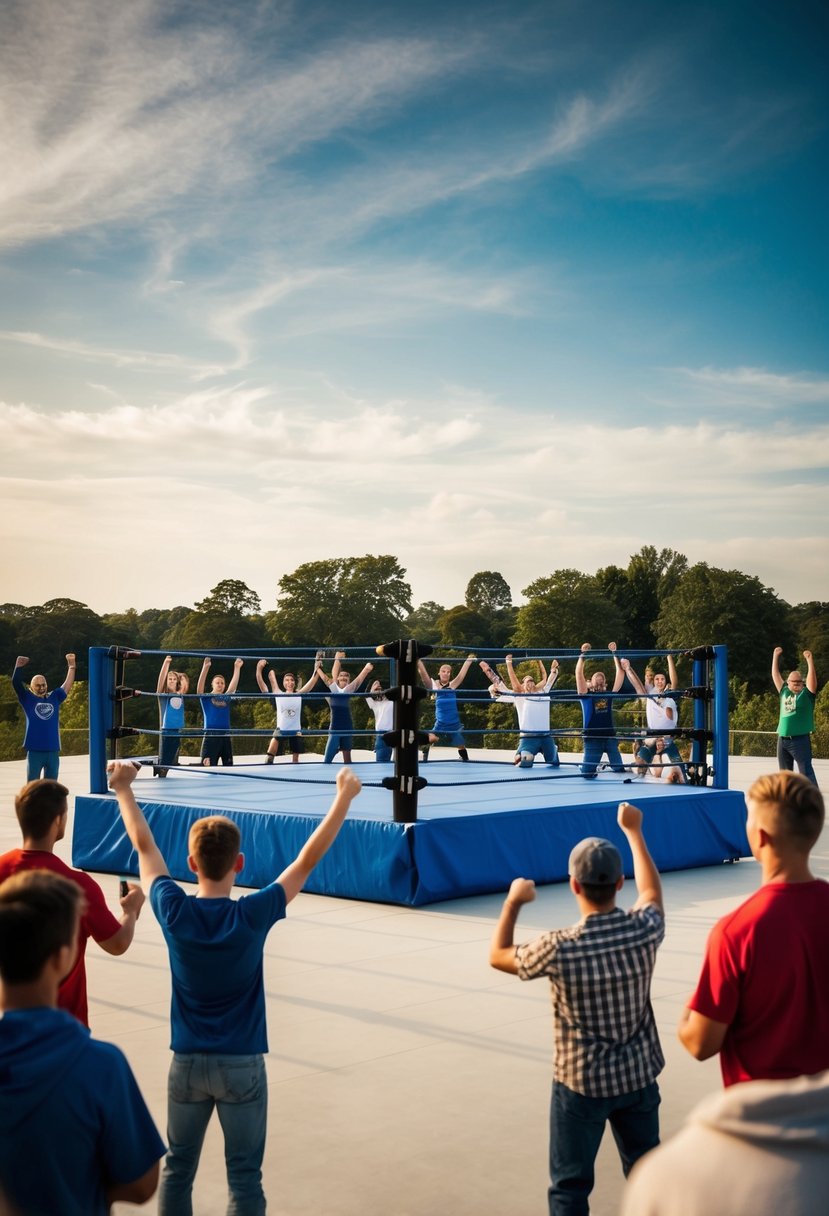 A wrestling ring surrounded by cheering fans, set against a backdrop of trees and open sky