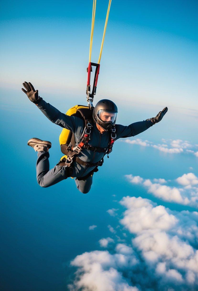 A skydiver gracefully descends through a stunning blue sky, inspiring wedding color ideas