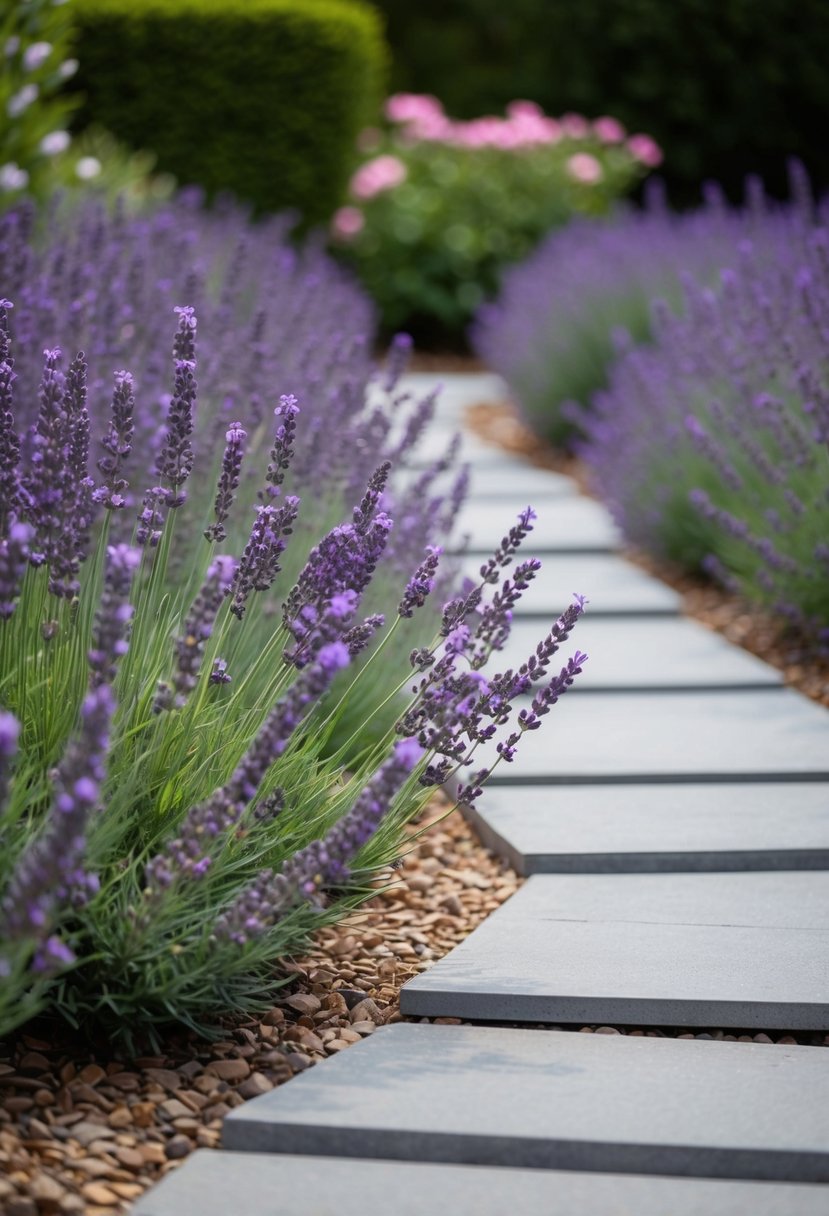 A serene garden with lavender flowers and grey stone pathways