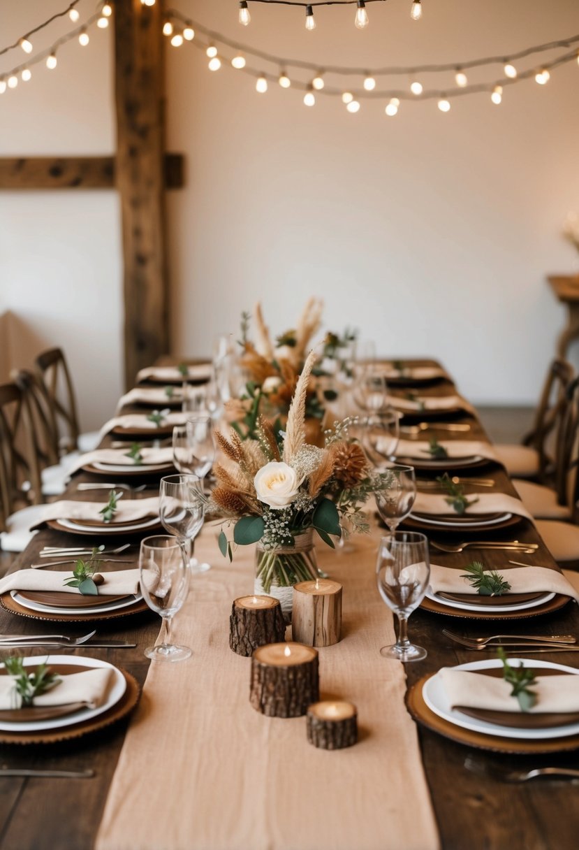 A rustic wedding table set with earthy brown and beige tones, adorned with natural wood and linen accents