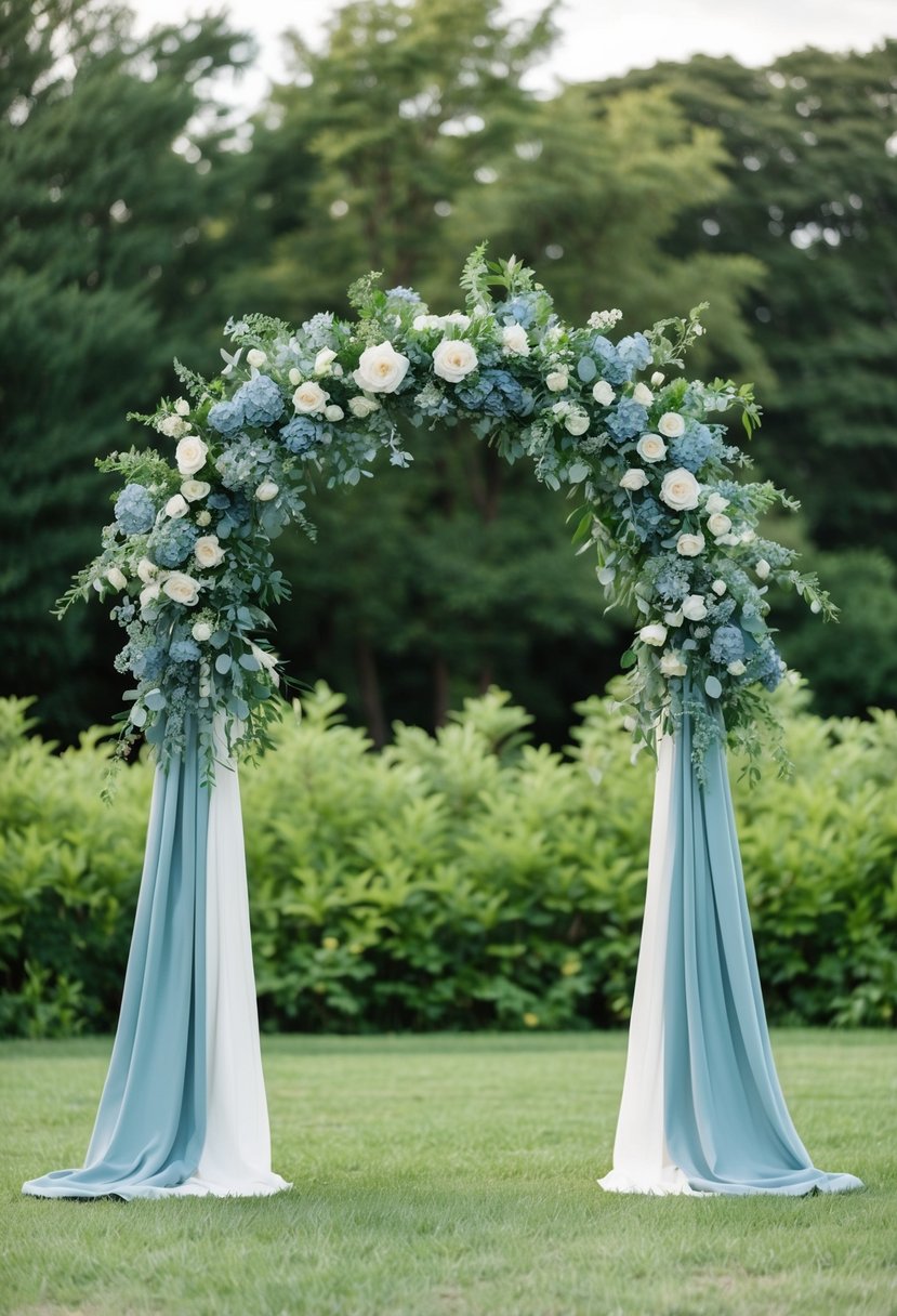 A dusty blue, white, and green floral arch stands against a backdrop of lush greenery, creating an elegant and stunning wedding color palette