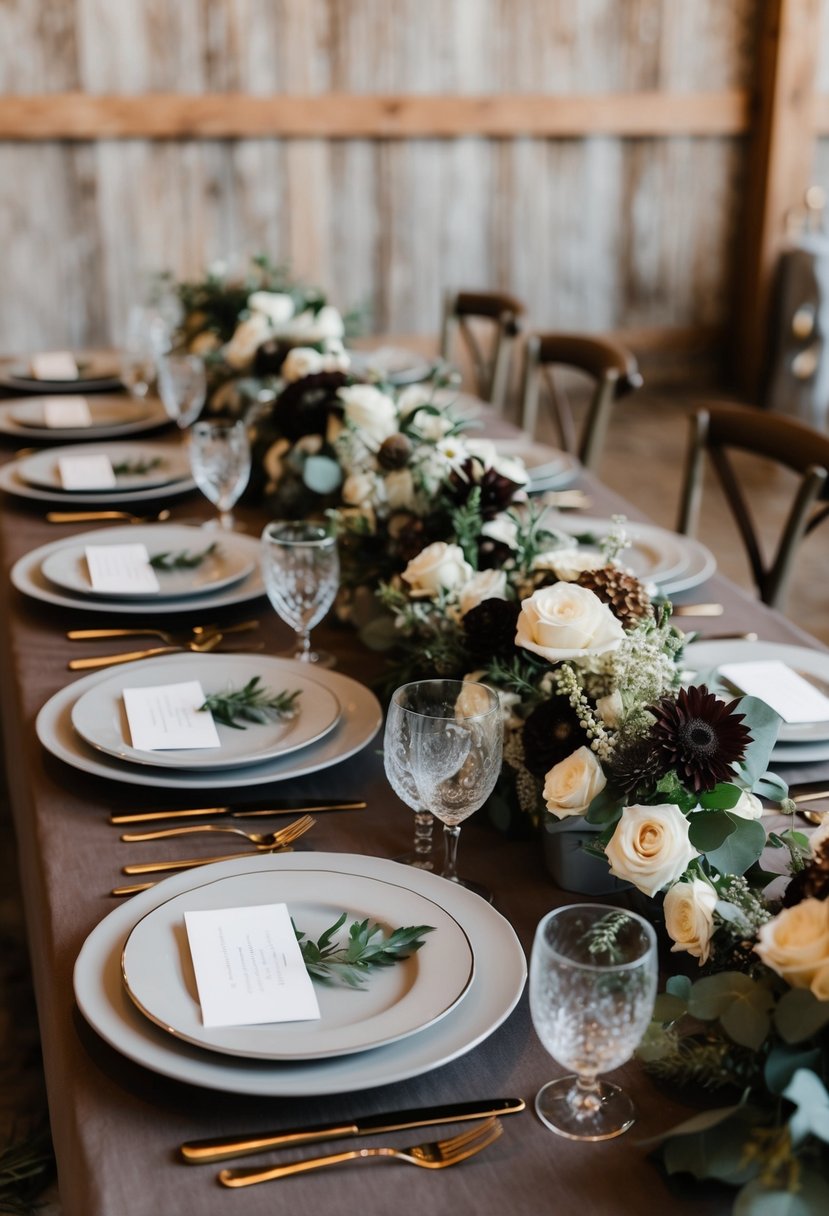 A taupe and dark brown palette adorns a rustic wedding table with floral arrangements and elegant place settings