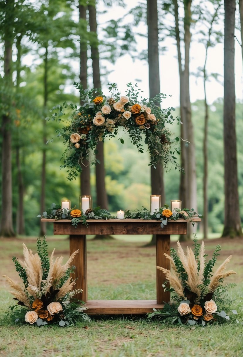 A lush forest clearing with a rustic wooden altar adorned with greenery and warm earth tone floral arrangements