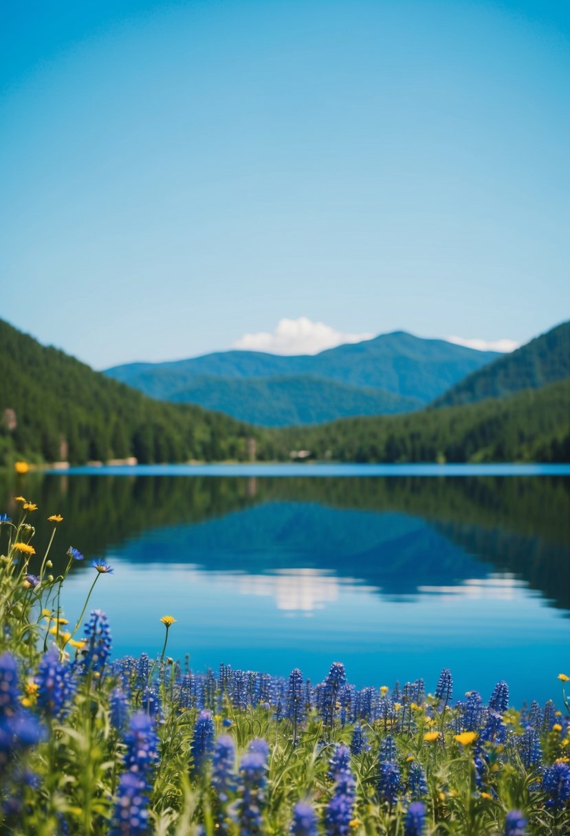 A serene lake reflecting a clear blue sky, surrounded by vibrant cornflower blue wildflowers