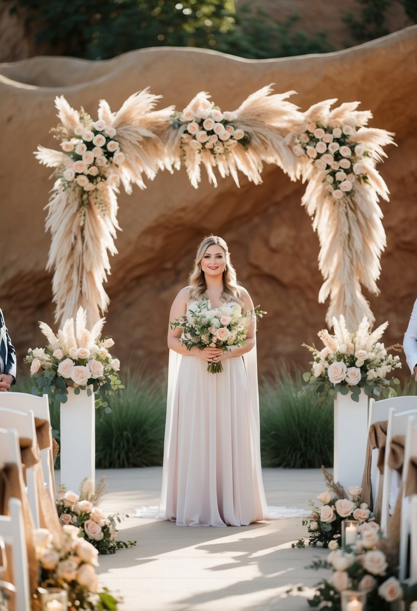 A serene outdoor wedding ceremony with beige and dusty rose floral arrangements, set against a backdrop of earthy tones and natural textures