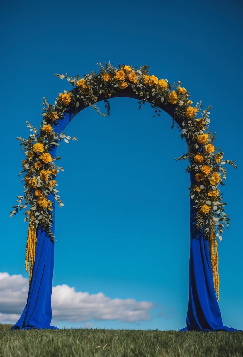 A royal blue wedding arch adorned with mustard and olive flowers against a stunning blue sky