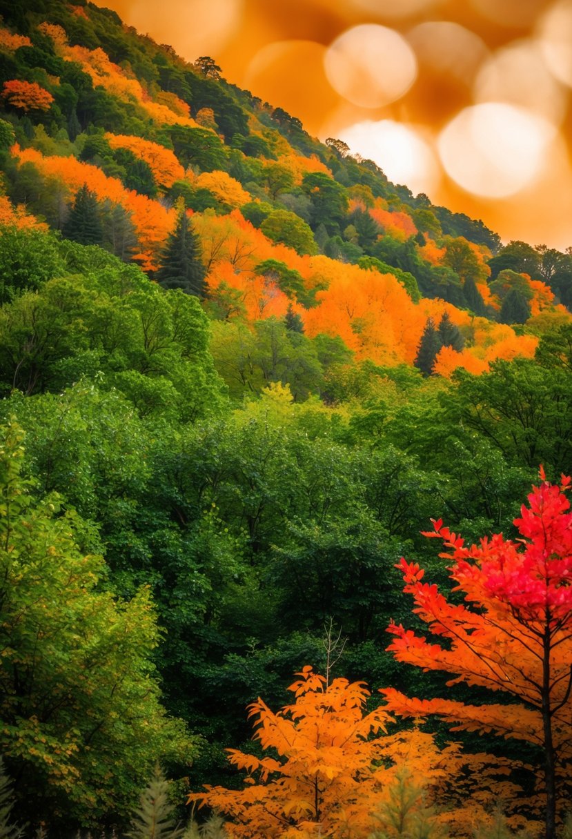 A lush green forest with vibrant orange and red foliage, set against a warm earth-toned backdrop