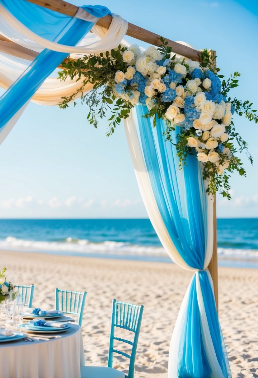 A serene beach wedding with French Blue and Ivory decor, featuring a flowing canopy, delicate flowers, and elegant table settings