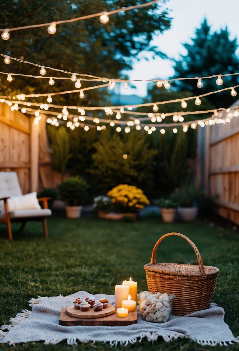 A cozy picnic under twinkling string lights in a backyard garden with a blanket, candles, and a basket of homemade treats