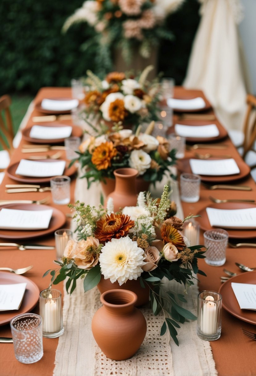 A terracotta and beige wedding table setting with earthy floral centerpieces and rustic pottery decor