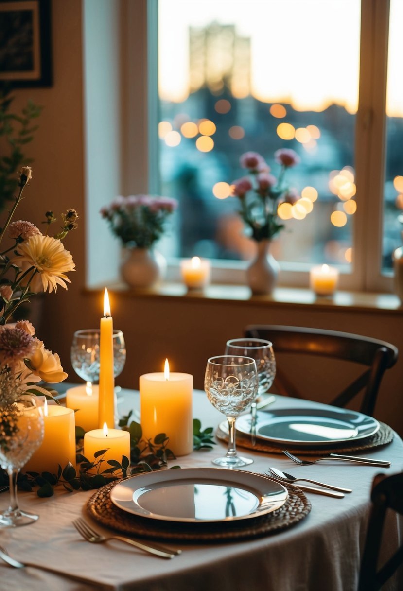 A cozy table set with candles, flowers, and dinnerware in a warmly lit room